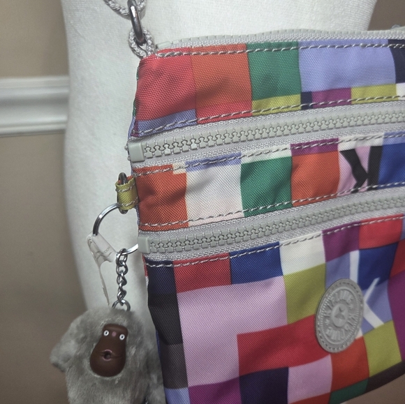 Kipling Rainbow Color Checkerboard 3 Zipper Pouch Nylon Crossbody Shoulder Bag . - Picture 4 of 10